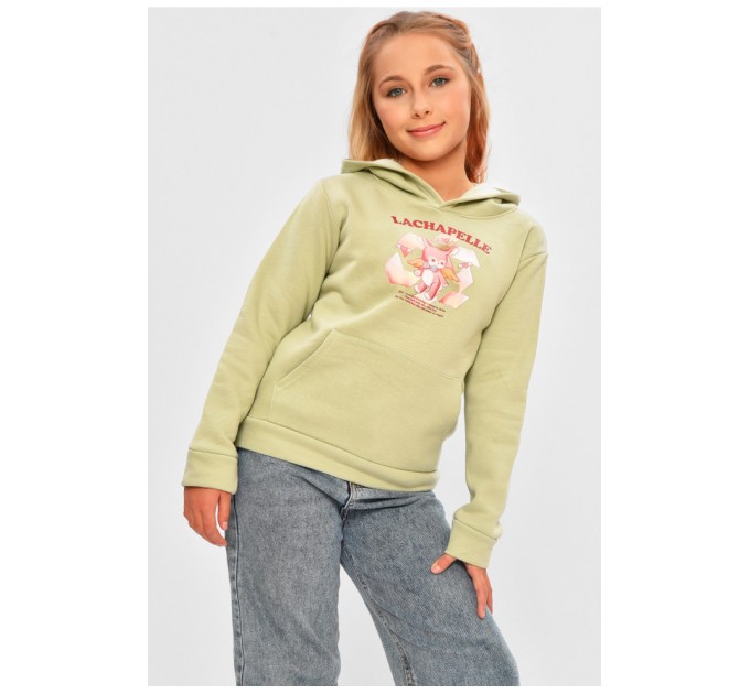 Свитшот детский для девочки на флисе оливкового цвета 206026L