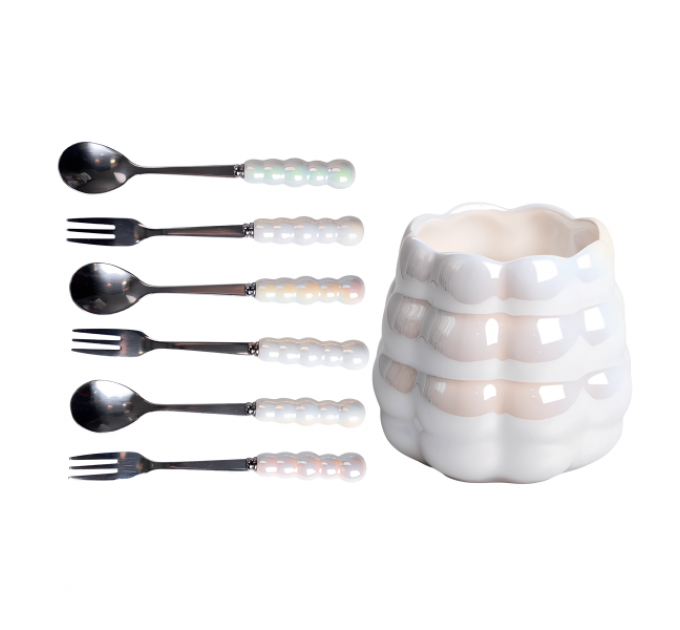 Набор десертных вилок и ложек на керамической подставке, перламутровый