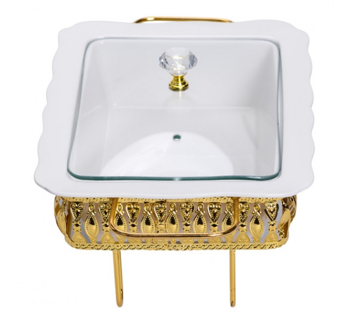 Мармитница фарфоровая 1.5 л прямоугольная на металлической подставке, белый