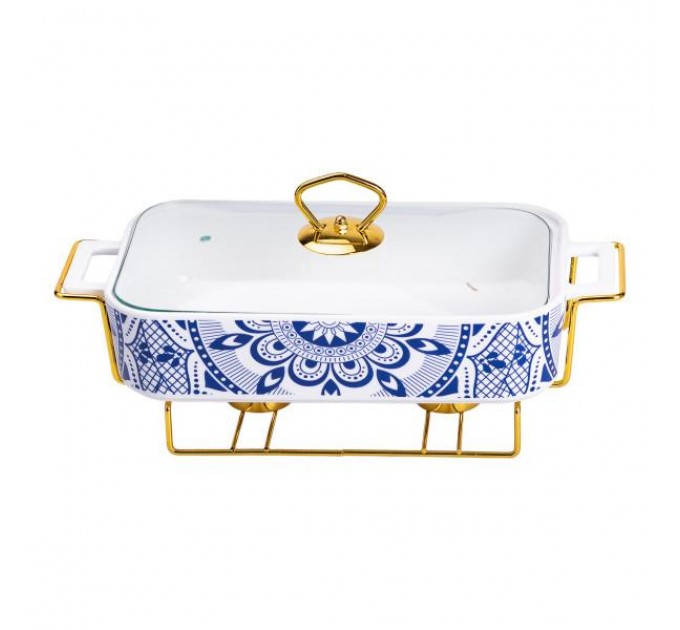 Мармітниця керамічна 1.5 л прямокутна на підставці з орнаментом, білий