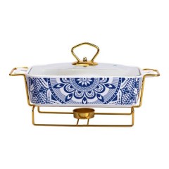 Мармитница керамическая 1 л прямоугольная на подставке с орнаментом, белый