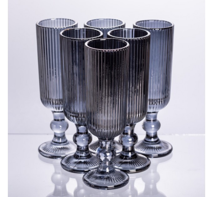Бокал для шампанского фигурный прозрачный ребристый из толстого стекла набор 6 штук серый