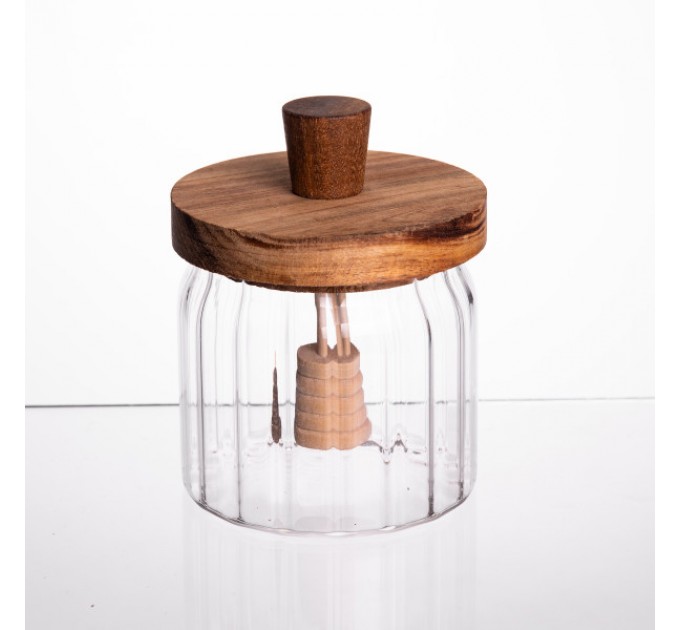 Медовниця скляна з бамбуковою кришкою 400 мл ребриста