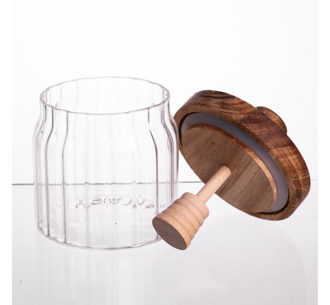 Медовниця скляна з бамбуковою кришкою 400 мл ребриста