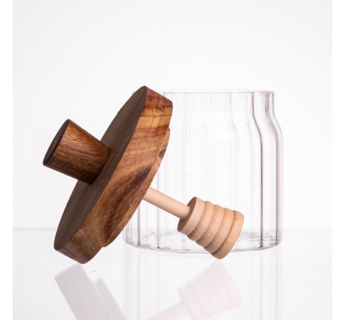 Медовниця скляна з бамбуковою кришкою 400 мл ребриста