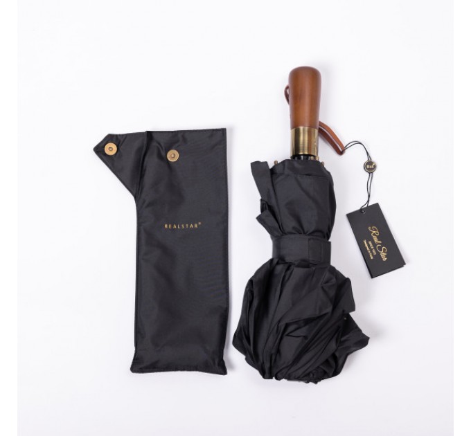 Зонтик автоматический складной 116 см, с деревянной ручкой, черный