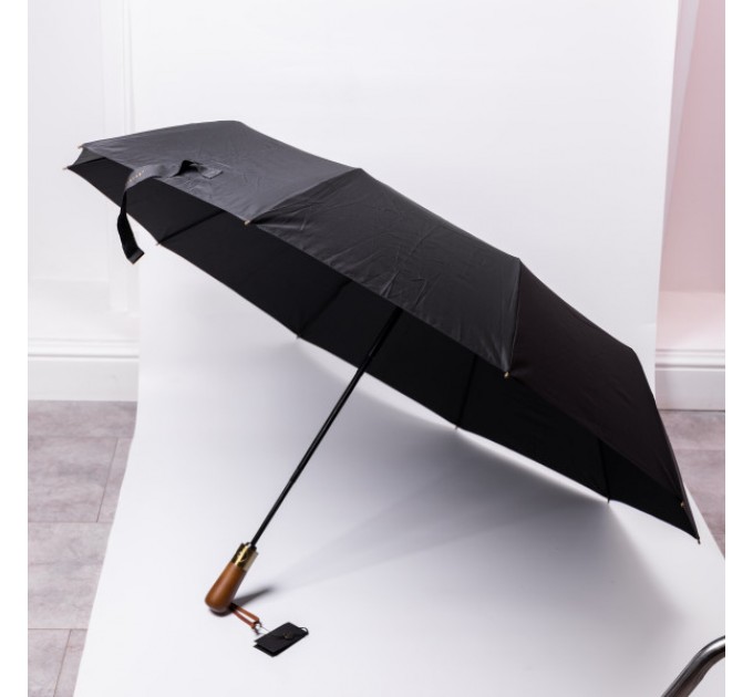 Зонтик автоматический складной 116 см, с деревянной ручкой, черный