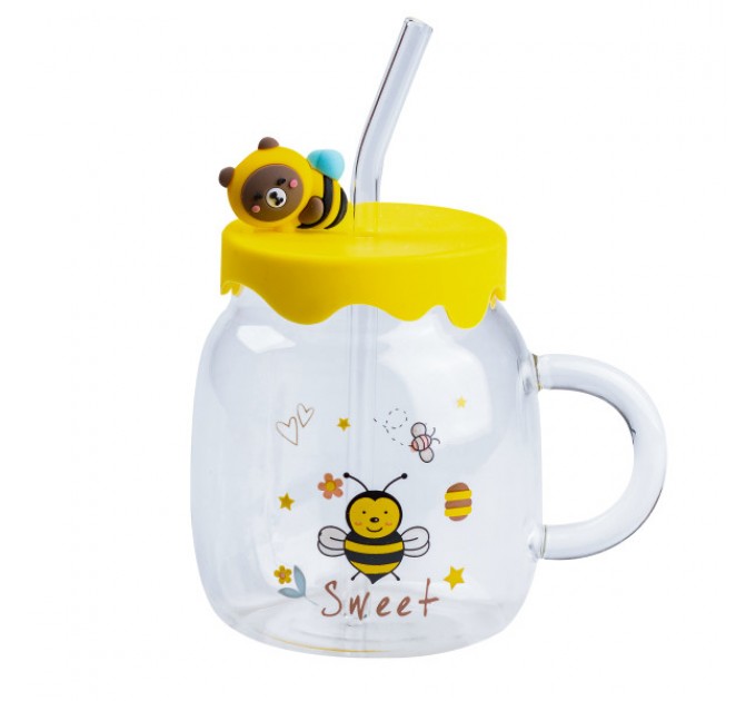Чашка стеклянная детская с принтом и крышкой с трубочкой