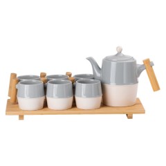 Чайний сервіз керамічний на бамбуковій підставці 8 предметів, сірий з білим
