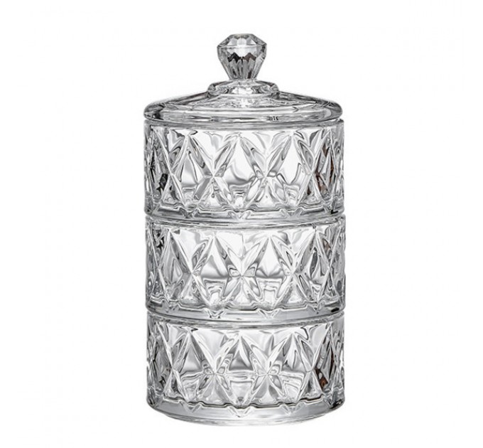 Цукерниця з кришкою трирівнева скляна під кришталь, прозорий