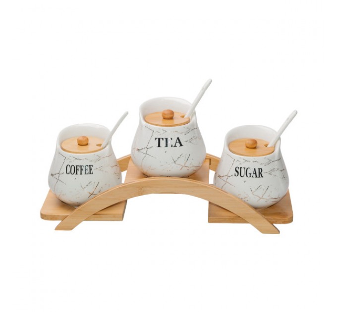 Набір банок для сипучих продуктів 3 штуки по 500 мл на бамбуковій підставці, білий