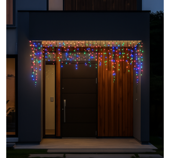 Гирлянда Бахрома уличная 105 LED 6 м от сети черная нить, мультицвет