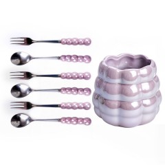 Набір десертних виделок та ложок з керамічною підставкою, фіолетовий