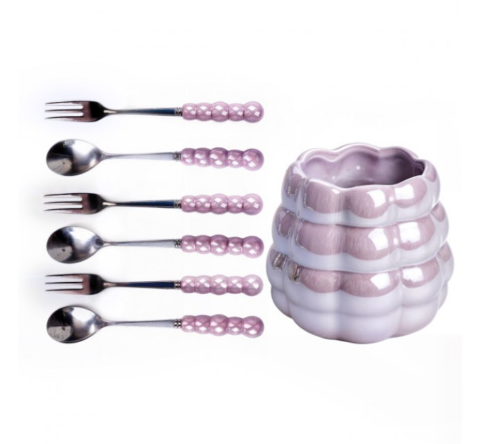 Набір десертних виделок та ложок з керамічною підставкою, фіолетовий