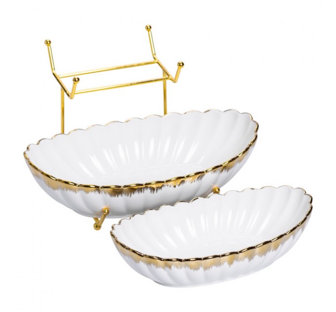 Фруктовниця порцелянова 2 яруси на металічній підставці, білий