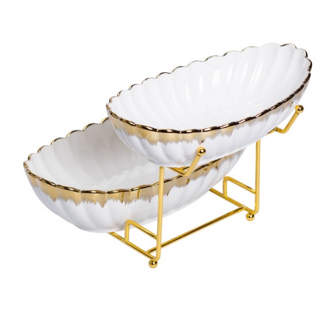 Фруктовниця порцелянова 2 яруси на металічній підставці, білий