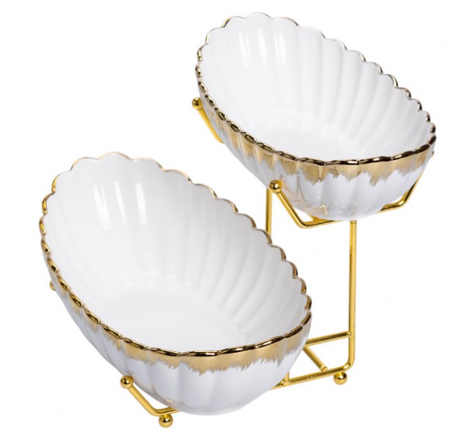 Фруктовниця порцелянова 2 яруси на металічній підставці, білий