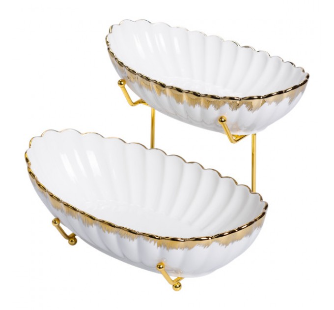 Фруктовниця порцелянова 2 яруси на металічній підставці, білий