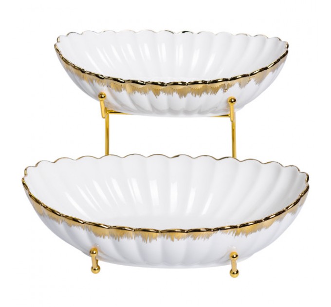 Фруктовниця порцелянова 2 яруси на металічній підставці, білий