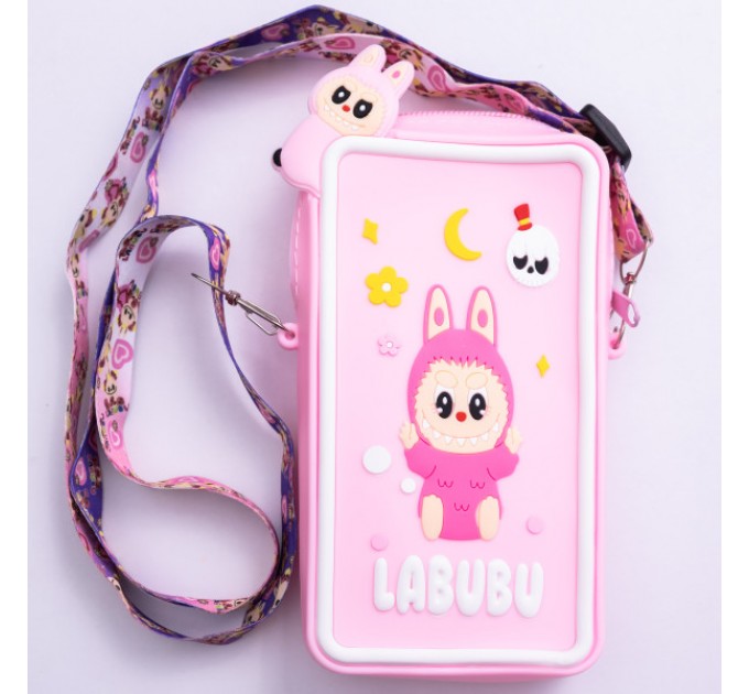 Сумочка-футляр для телефону Лабубу силіконова на блискавці 17*10*3 см, рожевий