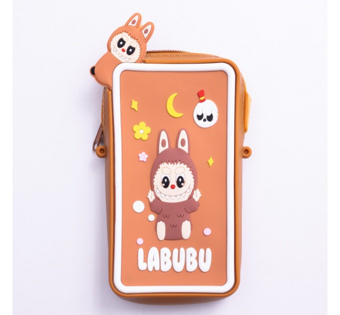 Сумочка-футляр для телефону Лабубу силіконова на блискавці 17*10*3 см, коричневий