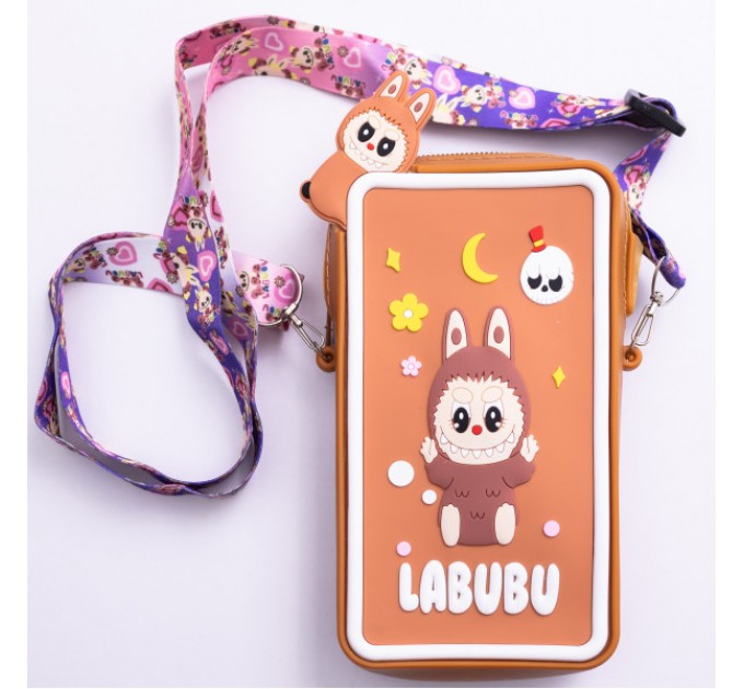 Сумочка-футляр для телефону Лабубу силіконова на блискавці 17*10*3 см, коричневий