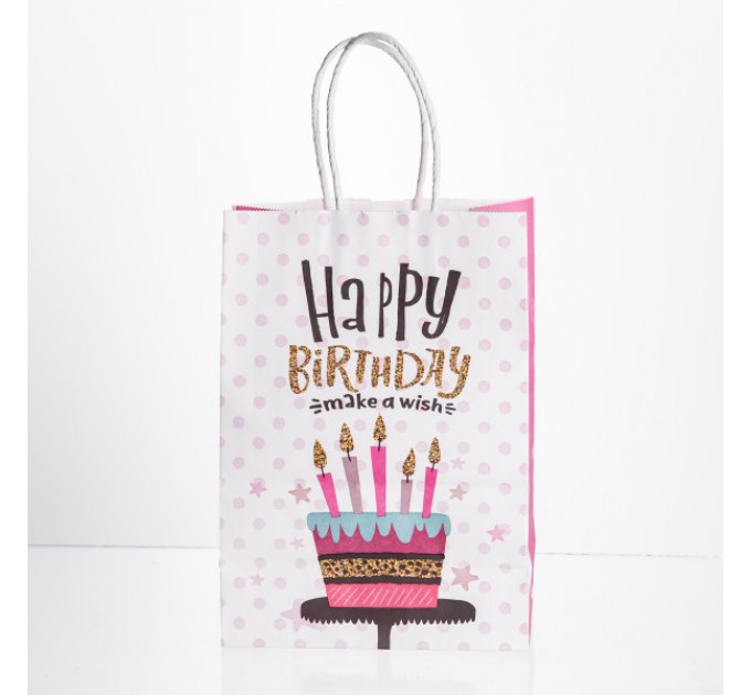 Подарунковий пакет Happy Birthday 15*8*21 см 12 штук в упаковці, рожевий з білим