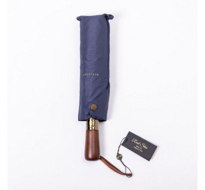 Зонтик автоматический складной 116 см, с деревянной ручкой, синий