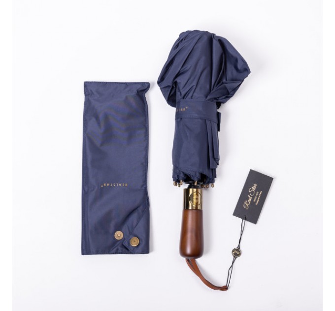 Зонтик автоматический складной 116 см, с деревянной ручкой, синий