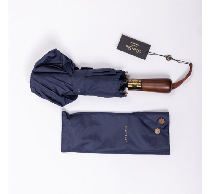 Зонтик автоматический складной 116 см, с деревянной ручкой, синий