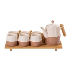 Чайний сервіз керамічний на бамбуковій підставці 8 предметів, коричневий з білим