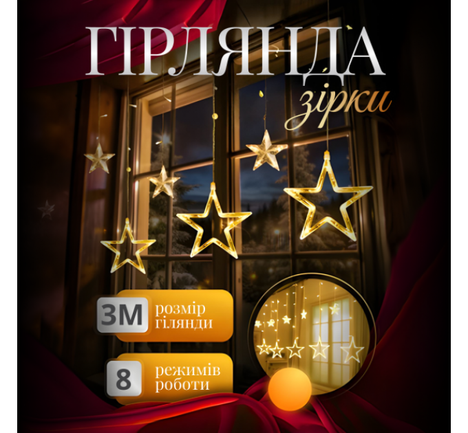 Гірлянда-штора Зірки розмір 3*0,7 м 12 фігур, жовтий