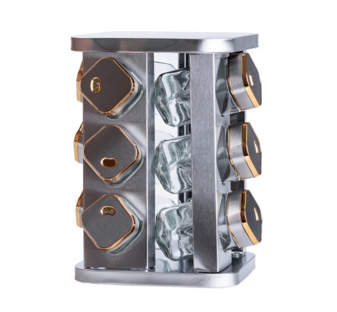 Набір ємностей для спецій 12 баночок по 100 мл на металевій підставці, хром із золотом Набір ємностей для спецій 12 баночок по 100 мл на металевій підставці, хром із золотом