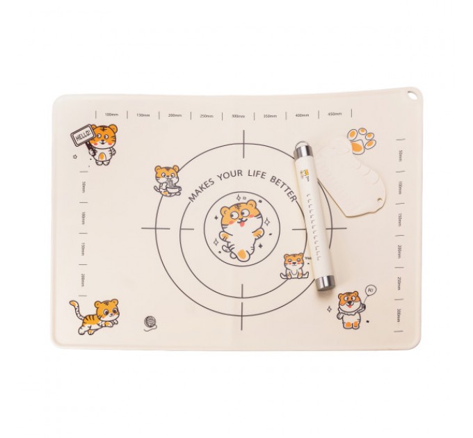 Набір кондитера 3 в 1 килимок силіконовий з розміткою/шпатель/качалка для тіста, бежевий