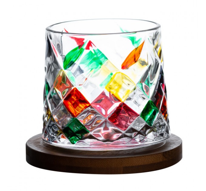 Склянка-дзига для віскі 300 мл з бамбуковою підставкою, мультиколор