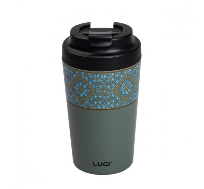 Термочашка Вишиванка 380 мл з кришкою на защіпці, сіро-зелений