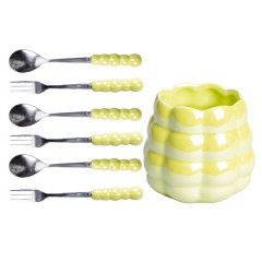 Набір десертних виделок та ложок з керамічною підставкою, зелений