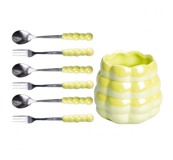 Набор десертных вилок и ложек с керамической подставкой, зеленый