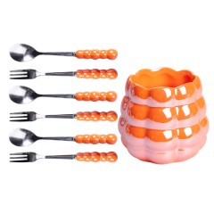 Набір десертних виделок та ложок з керамічною підставкою, помаранчевий