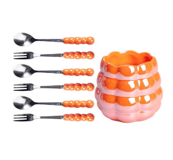 Набір десертних виделок та ложок з керамічною підставкою, помаранчевий