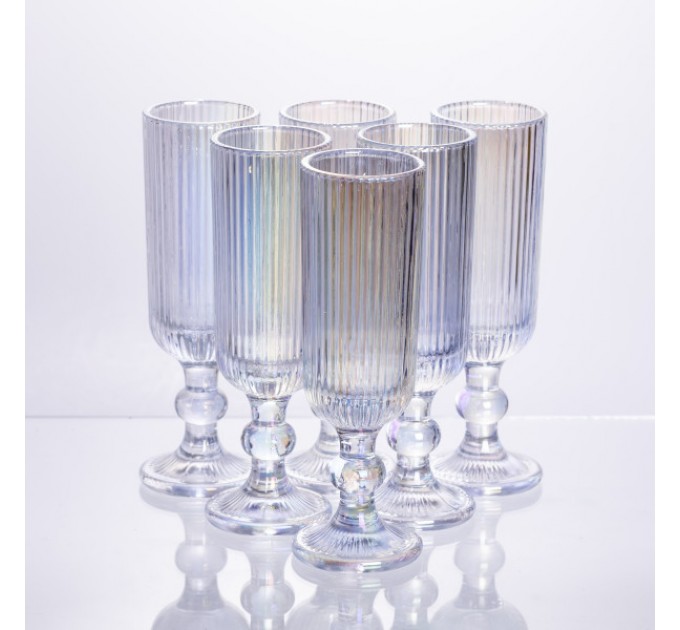 Келих для шампанського фігурний прозорий ребристий з товстого скла набір 6 штук, rainbow
