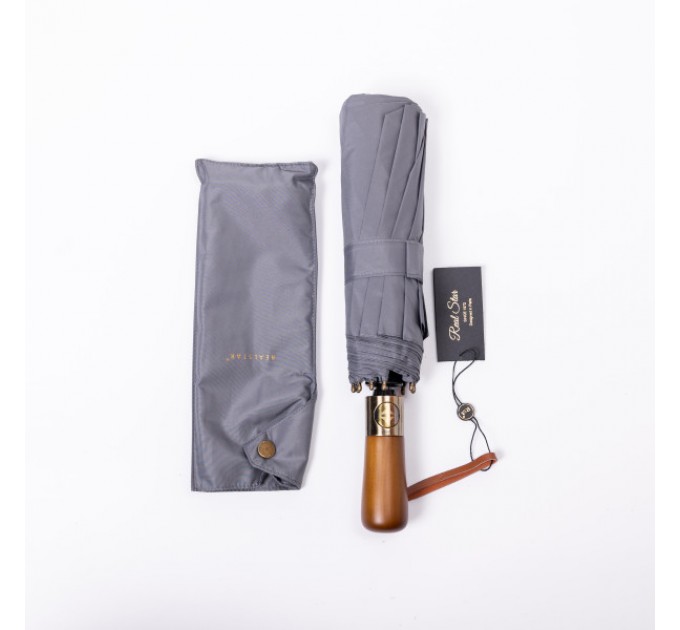 Парасоля автоматична складна 116 см, з дерев'яною ручкою, сірий