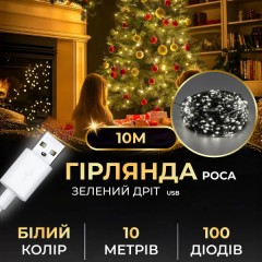 Гірлянда Роса нитка 100 LED довжина 10 м від USB зелена, білий
