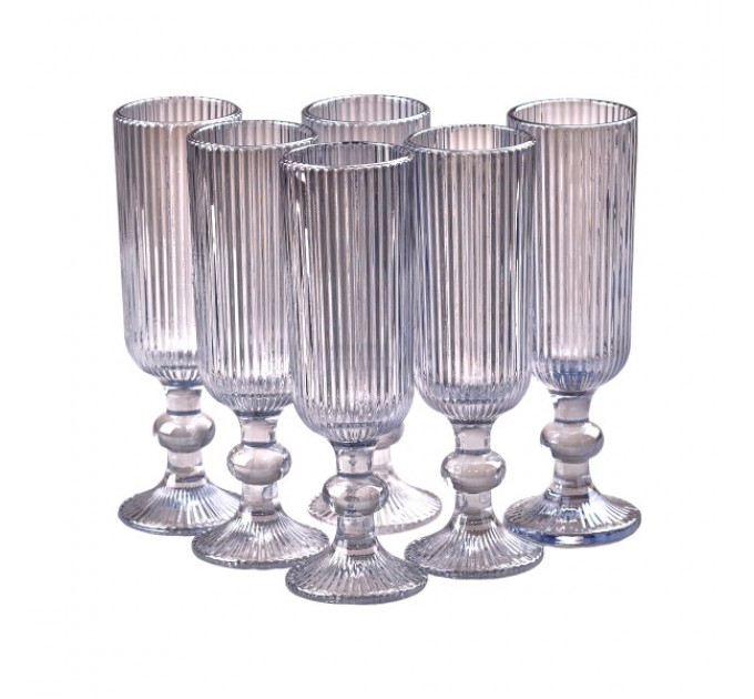Келих для шампанського фігурний прозорий ребристий з товстого скла набір 6 шт Блакитний