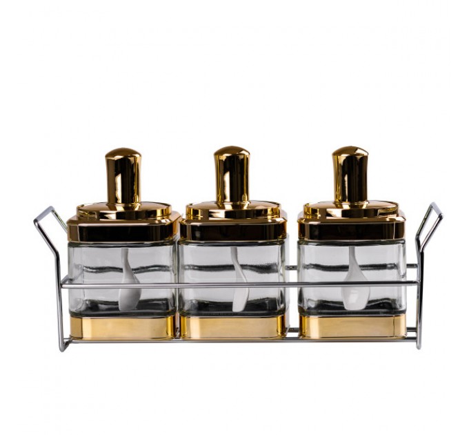 Набор банок для сыпучих продуктов 3 штуки с ложкой на подставке, золото