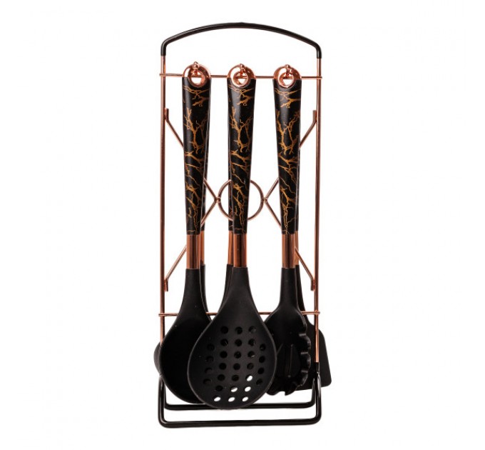 Набор кухонных принадлежностей Мрамор 6 штук на подставке, черный