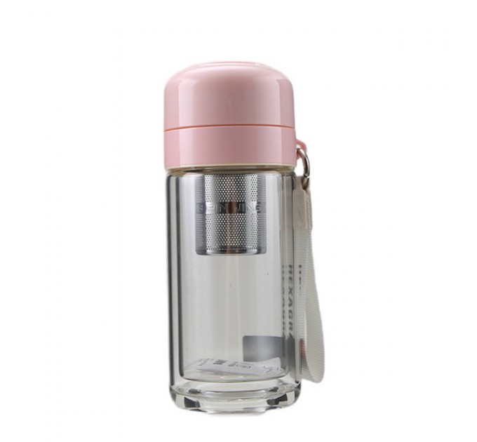 Термос скляний Hexagram 240 мл з подвійними стінками та заварником, рожевий