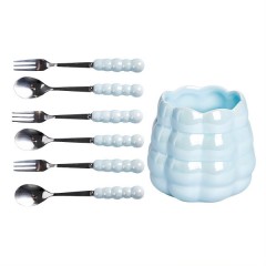 Набір десертних виделок та ложок з керамічною підставкою, блакитний