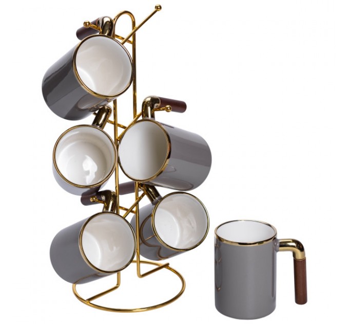 Набор чашек фарфоровых 6 шт. по 400 мл на металлической подставке, серый