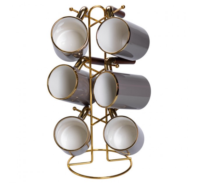 Набор чашек фарфоровых 6 шт. по 400 мл на металлической подставке, серый Набор чашек фарфоровых 6 шт. по 400 мл на металлической подставке, серый